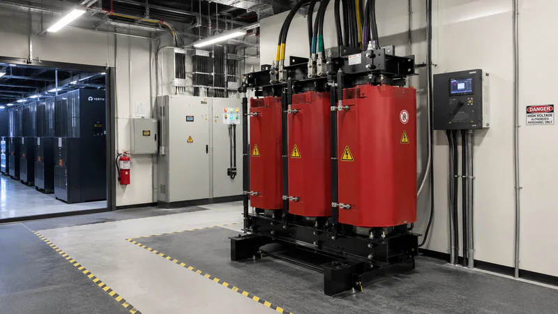 Dry type transformer inside a data center facility with outdoor utility-side options