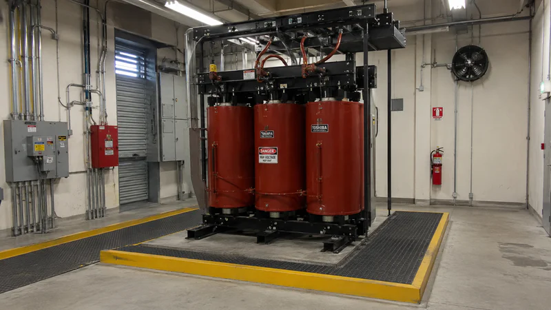 Dry type transformer in a commercial building electrical room