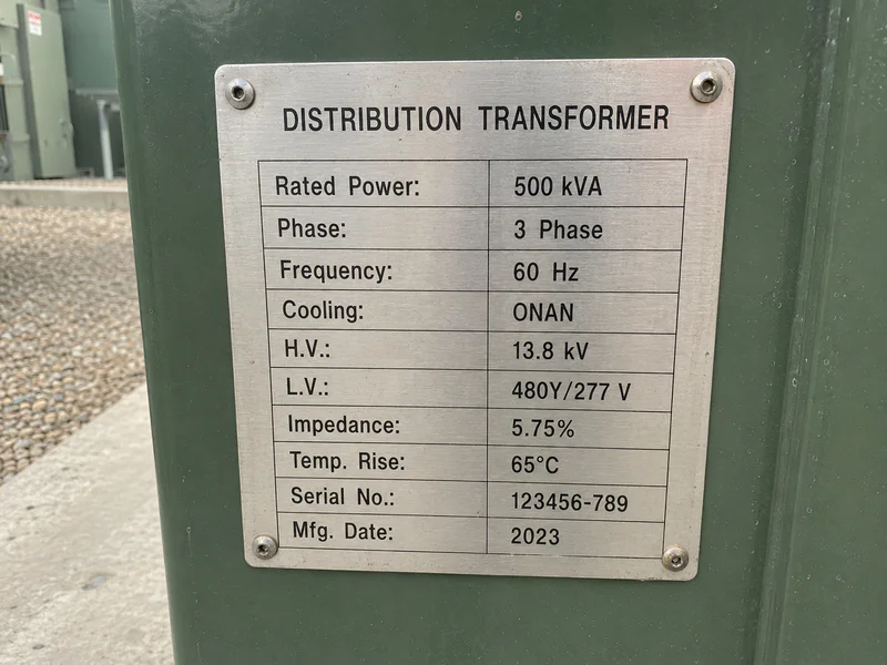 Industrial transformer with rated capacity nameplate