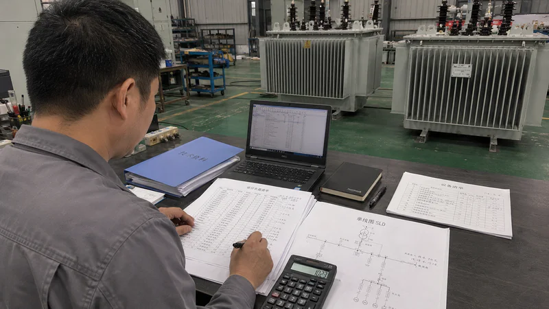 Engineering team reviewing transformer specifications and load calculations