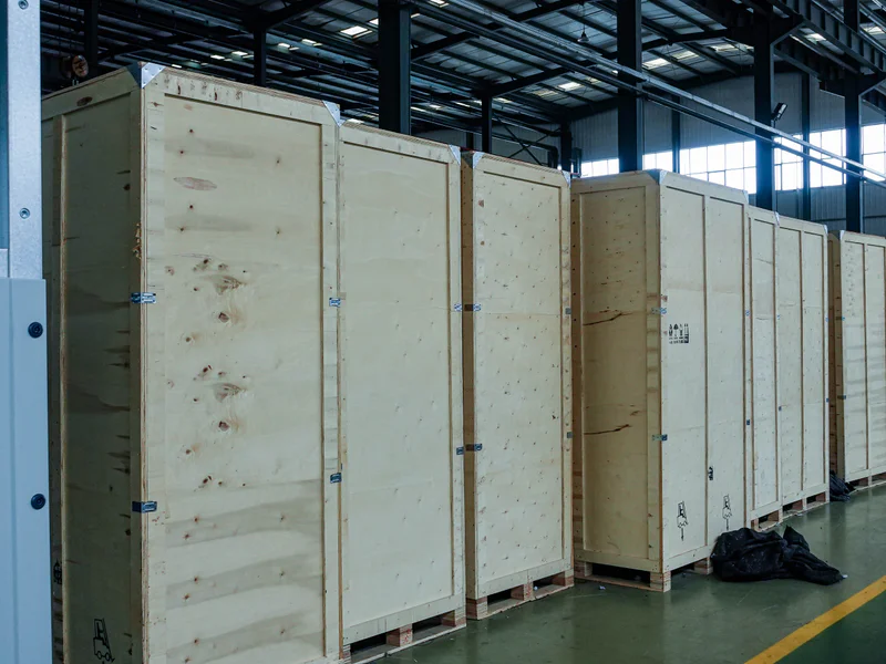 Switchgear cabinet wrapped for export packing