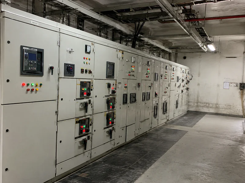 Switchgear in a commercial building electrical room