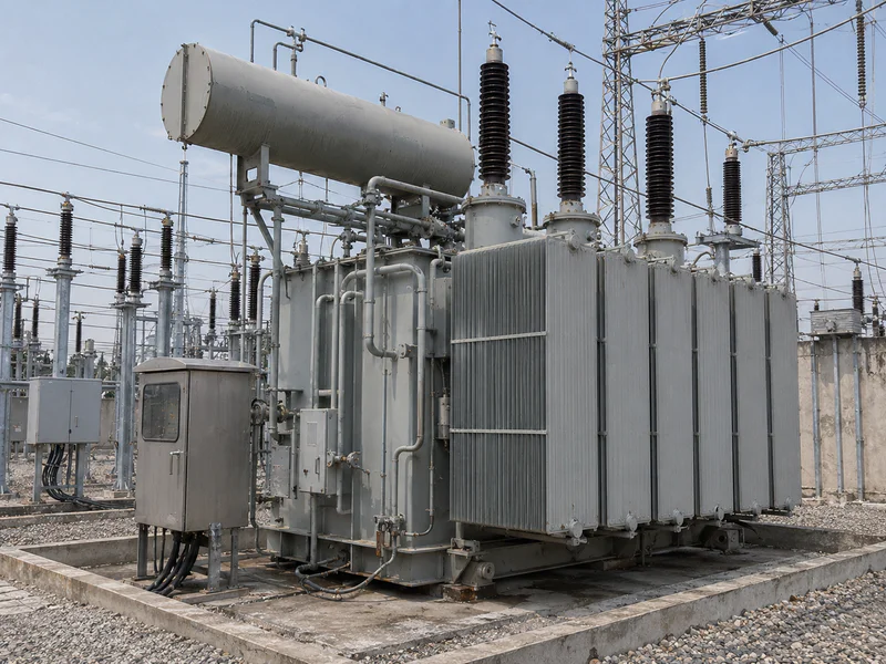 Outdoor oil-immersed transformer at industrial substation
