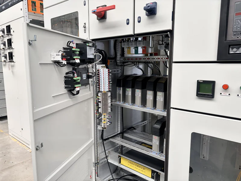 Inside view of a high voltage switchgear cabinet showing breaker, busbar and relay components