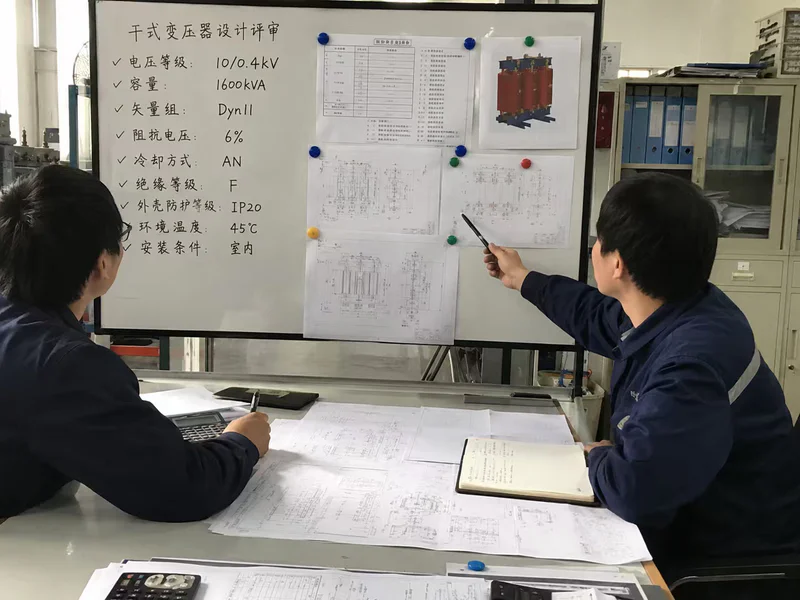 Engineer reviewing transformer technical specification and project drawings