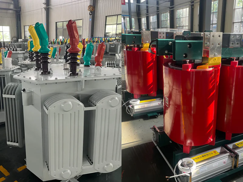 Oil immersed transformer at an outdoor substation beside a dry type transformer in an indoor electrical room