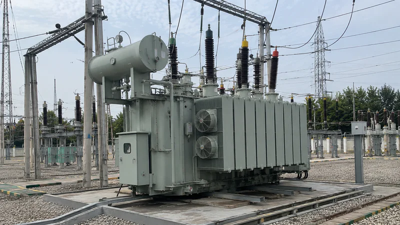 Outdoor utility substation with high-voltage transformers
