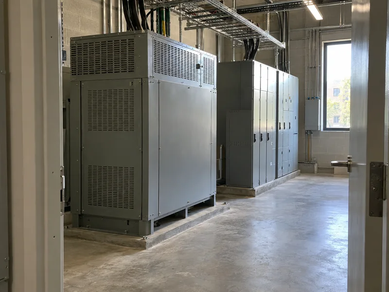 Enclosed transformer and distribution cabinets in a clean hospital electrical service room
