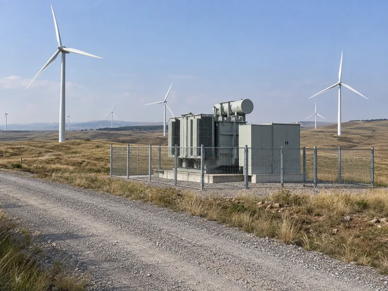 Fenced transformer station beside a gravel track with wind turbines across grassland