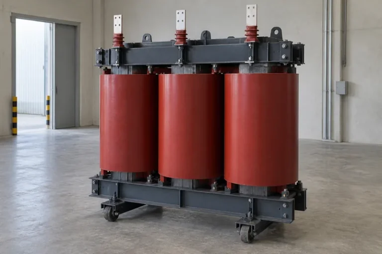 Illustrative large dry-type transformer with three resin coils and heavy steel frame