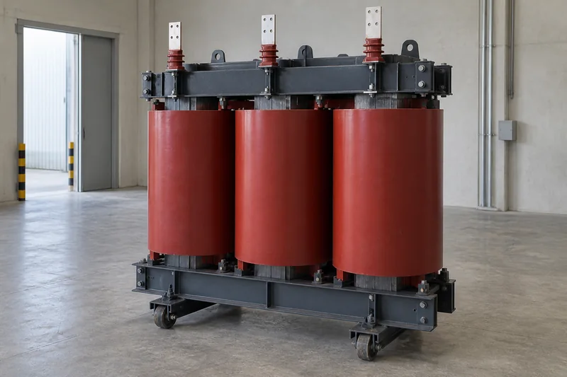 Illustrative large dry-type transformer with three resin coils and heavy steel frame