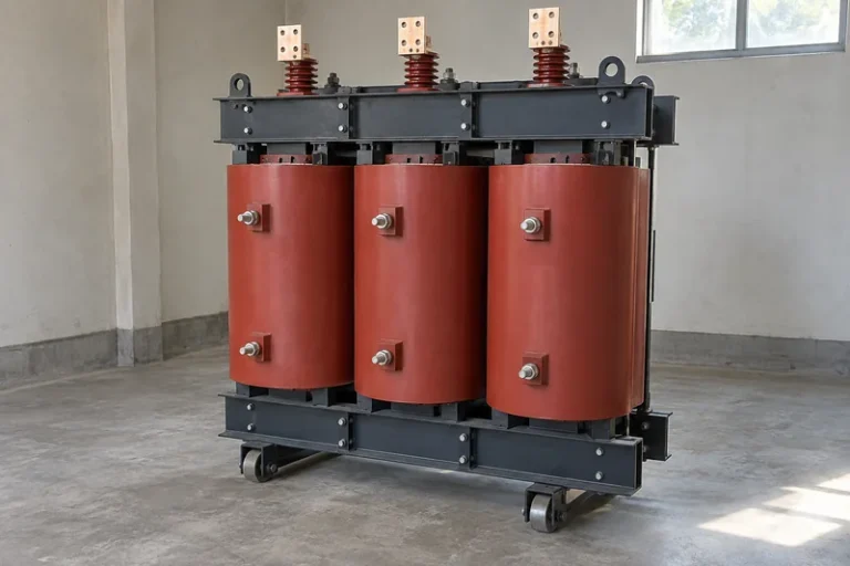 Illustrative medium dry-type transformer with three cast-resin coils and insulated top terminals