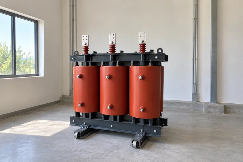 Illustrative compact dry-type transformer with three resin coils and steel support frame