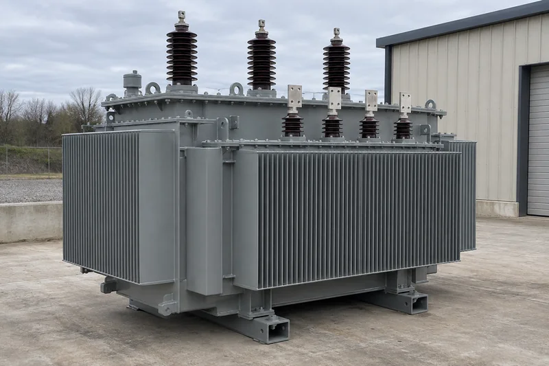 Illustrative large oil-immersed transformer with cooling panels and top-mounted bushings