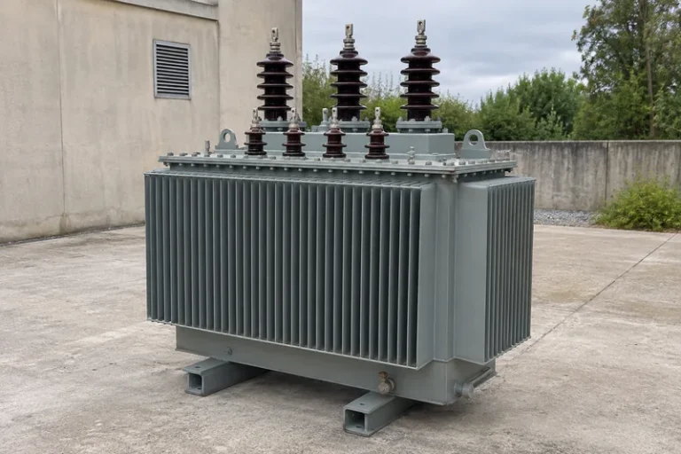 Illustrative medium oil-immersed transformer with corrugated cooling tank and top bushings