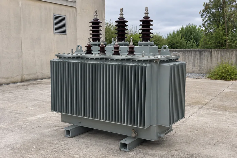 Illustrative medium oil-immersed transformer with corrugated cooling tank and top bushings