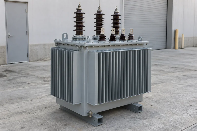Illustrative compact oil-immersed transformer with corrugated tank and top-mounted bushings